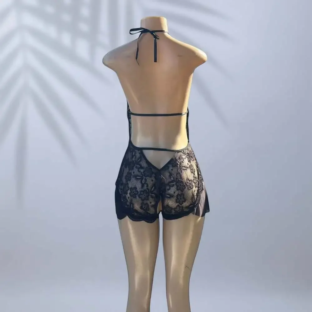 Women's Black Lace Deep V-Neck Halter Teddy Bodysuit Lingerie ✧ S - Picture 4 of 4